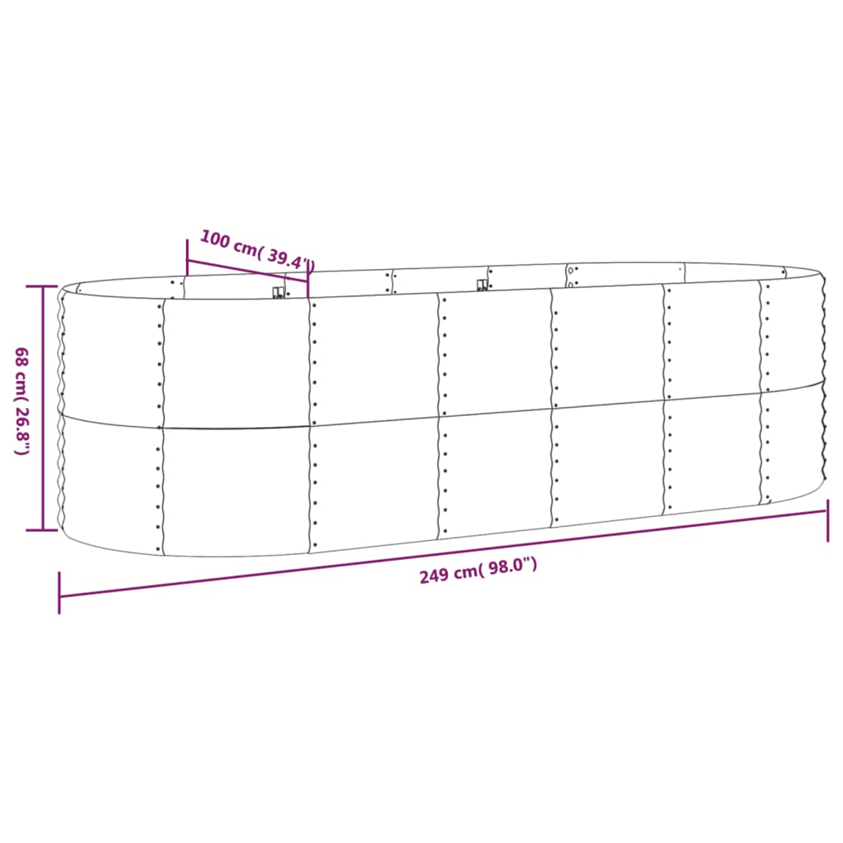 Ein ovaler Metallpflanzkasten mit den angegebenen Abmessungen: 100 cm breit, 68 cm hoch und 249 cm lang, vor weißem Hintergrund.