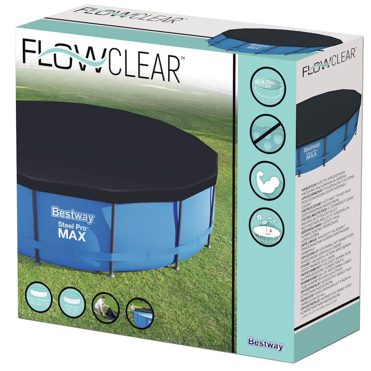 Eine Bestway-Poolbox zeigt den Pool, eine schwarze Abdeckung und einige Sicherheitssymbole auf grünem Gras.