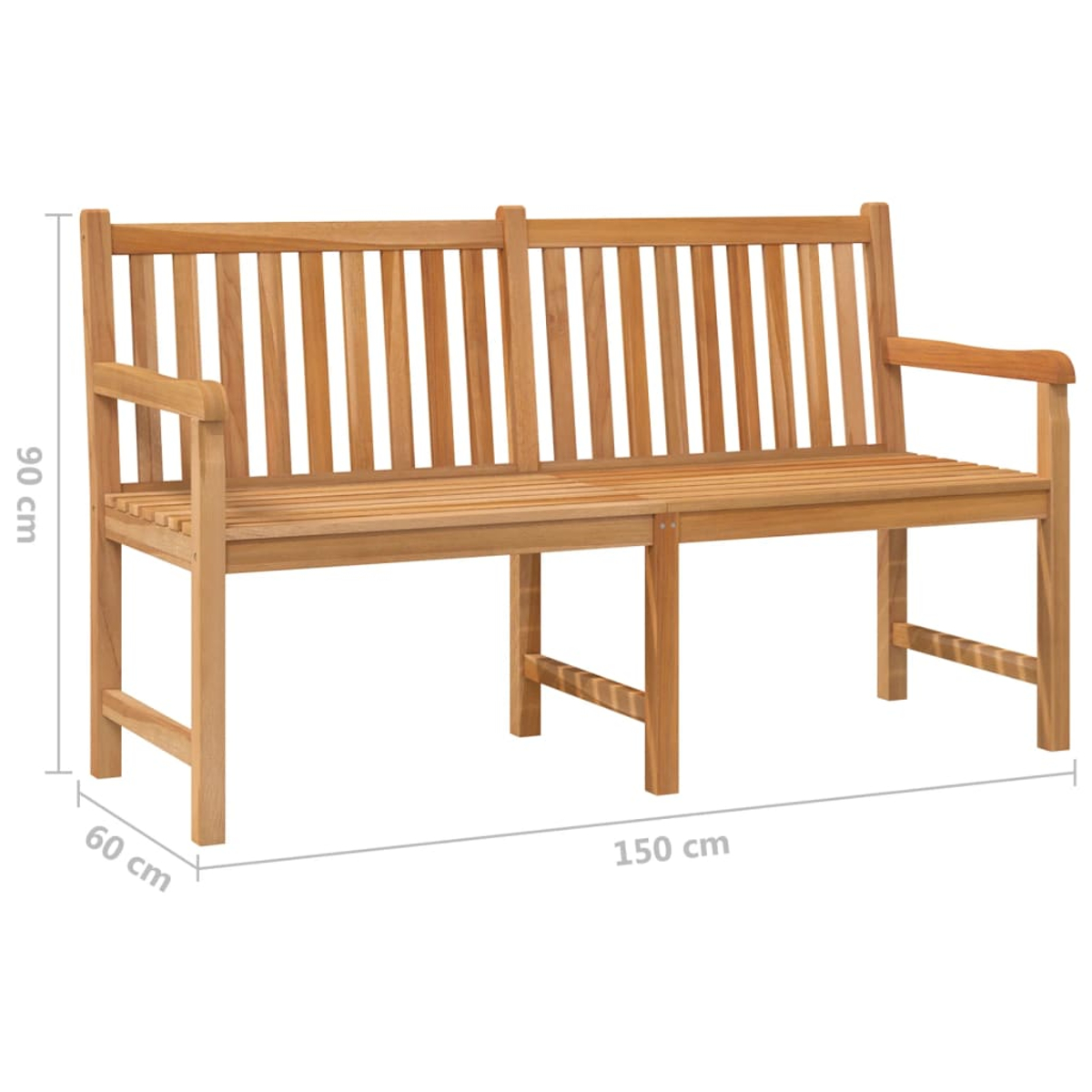 Eine Holzbank mit Armlehnen. Sie hat eine Lattenlehne und -sitzfläche. Maße: 150 cm lang, 90 cm hoch und 60 cm tief.