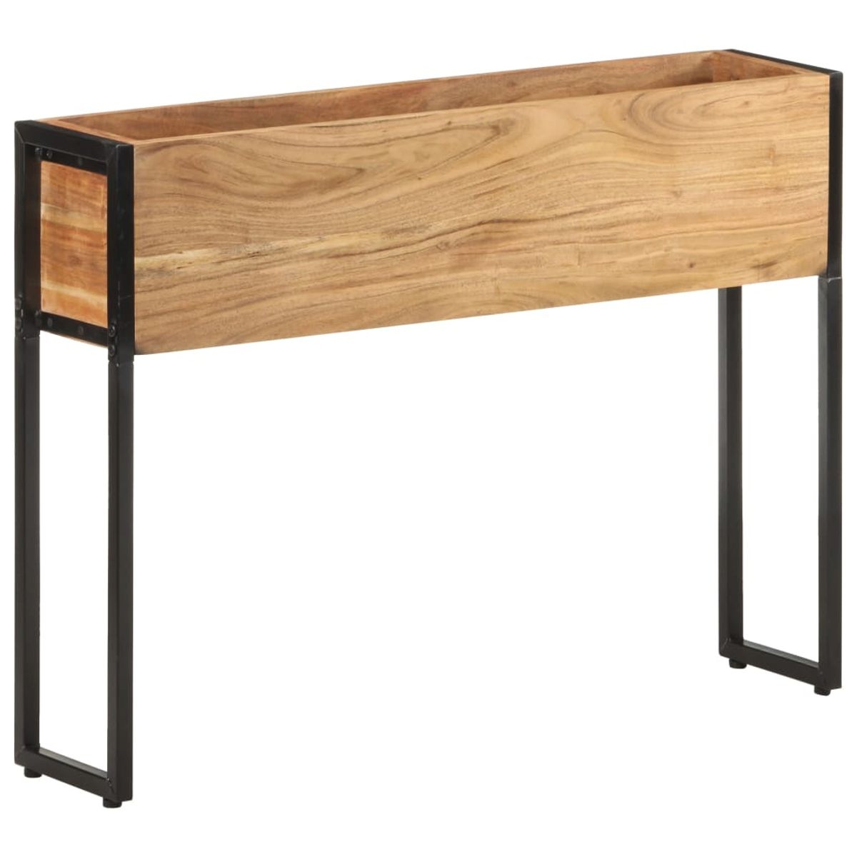 Ein Pflanzkasten aus Holz mit schwarzen Metallbeinen. Das Holz hat eine natürliche Maserung. Die Beine sind rechteckig.