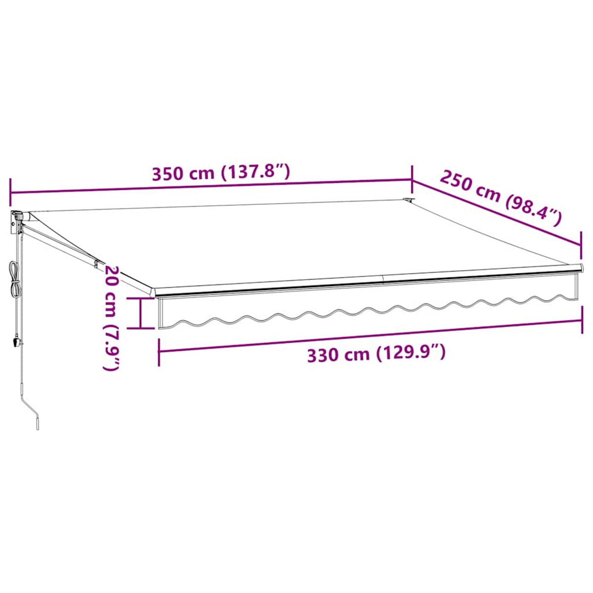 Una tenda da sole bianca con dimensioni: 350cm x 250cm, e larga 330cm. L'altezza è di 20cm. Le misure sono in cm e pollici.