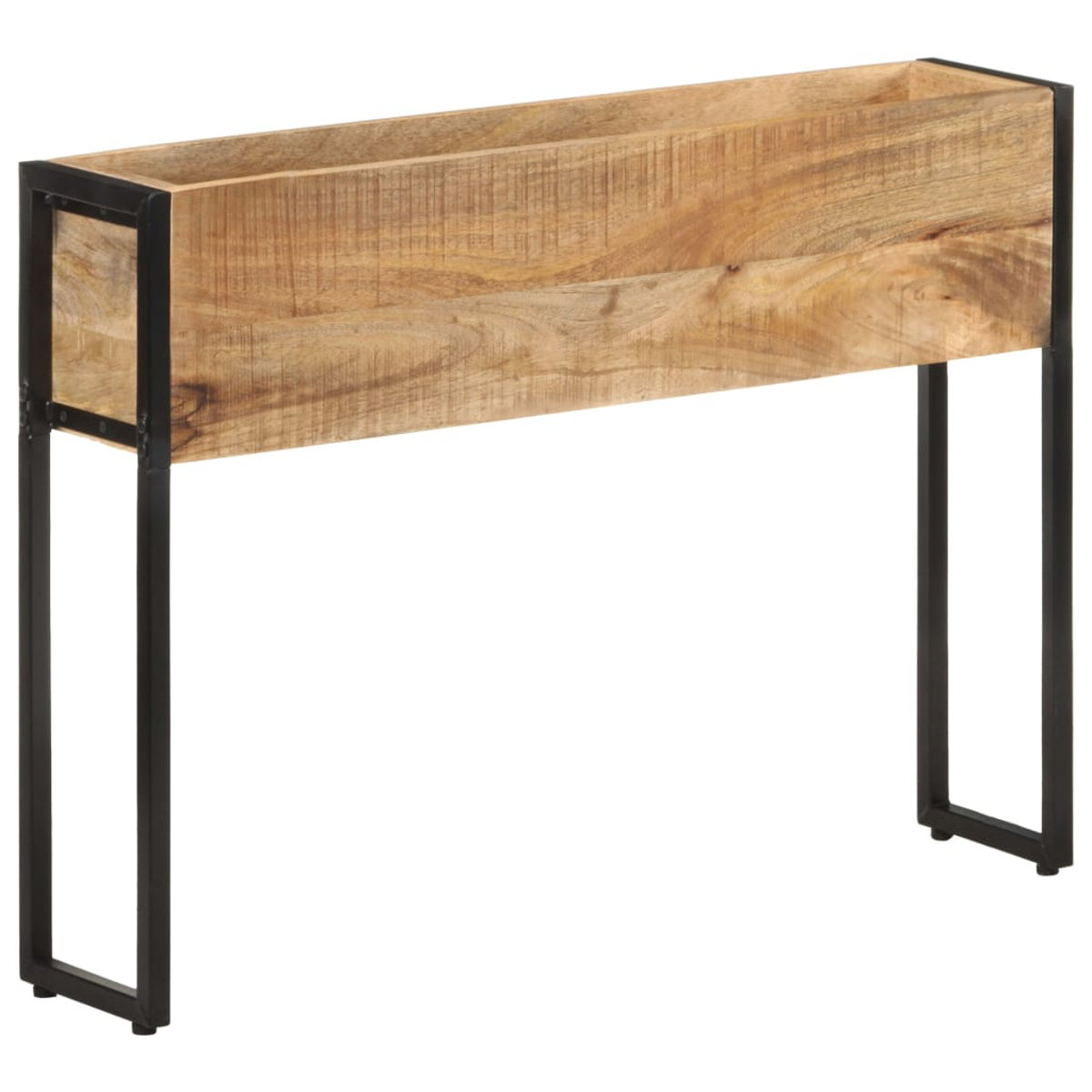 Holzpflanzkübel mit schwarzem Metallrahmen. Der Pflanzkübel ist rechteckig, mit sichtbarer Holzmaserung. Er hat vier schwarze Beine.