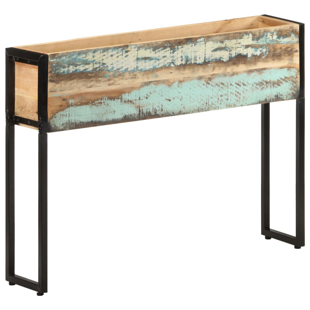 Ein rechteckiger Holzpflanzkasten mit schwarzen Metallbeinen. Das Holz hat blaue und weiße Distressed-Farbe.