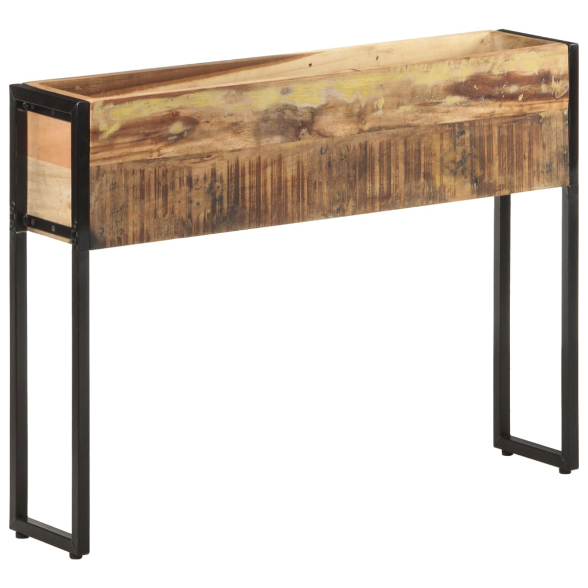 Ein Holzpflanzer mit Metallrahmen. Das Holz ist braun, mit gelblichen Farbtönen. Der Rahmen ist schwarz und rechteckig.