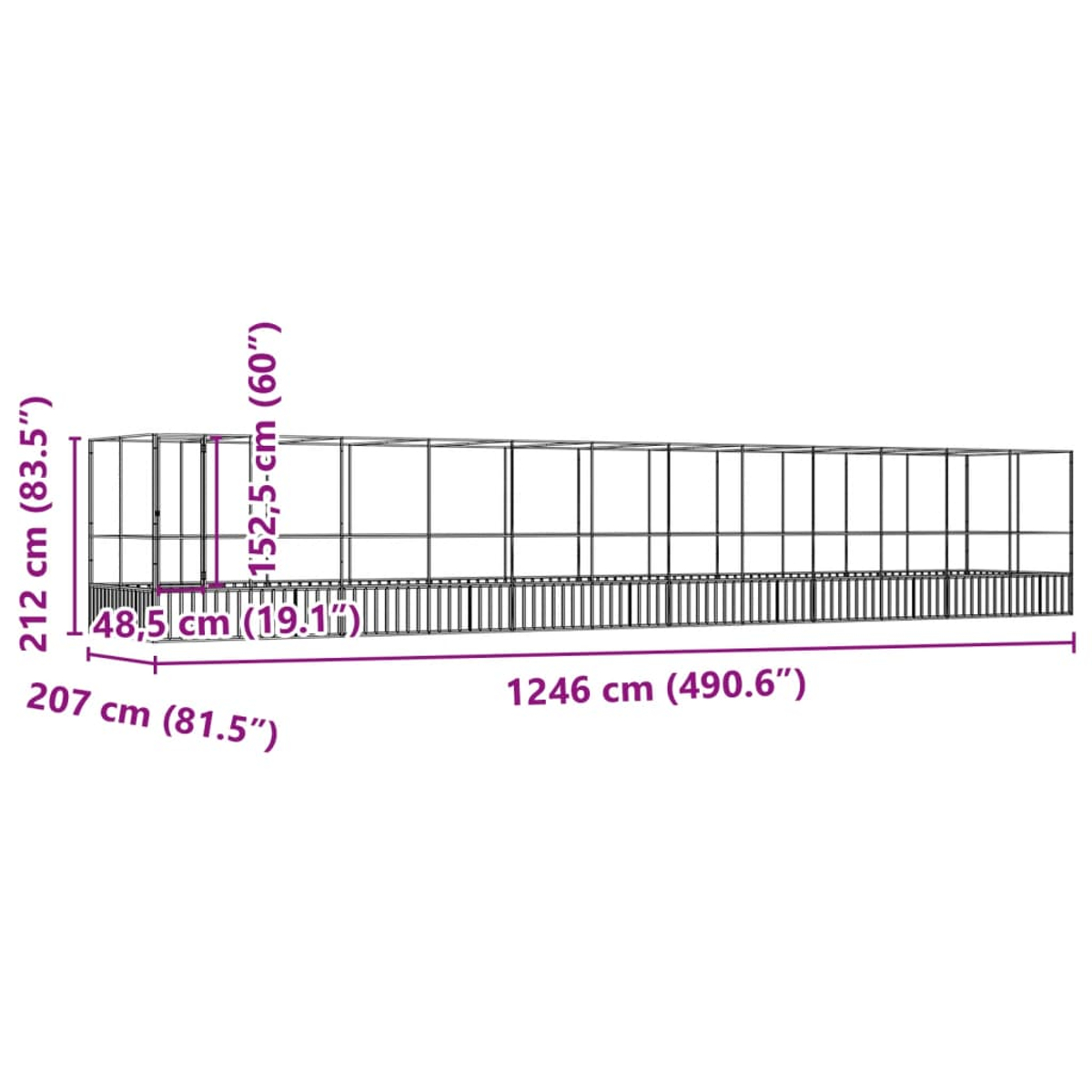 Diagramm mit den Abmessungen einer rechteckigen Struktur. Die Maße umfassen Höhe, Breite und Länge in Zentimetern und Zoll.