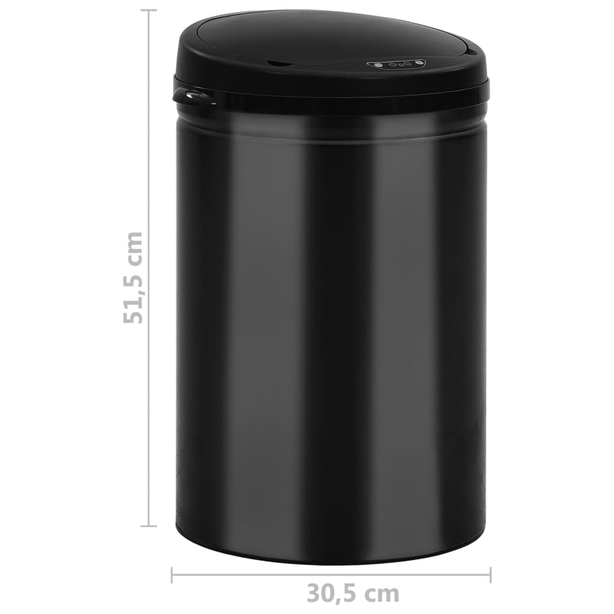 Ein schwarzer, zylindrischer Mülleimer mit einem schwarzen Deckel. Die Abmessungen betragen 51,5 cm hoch und 30,5 cm breit.