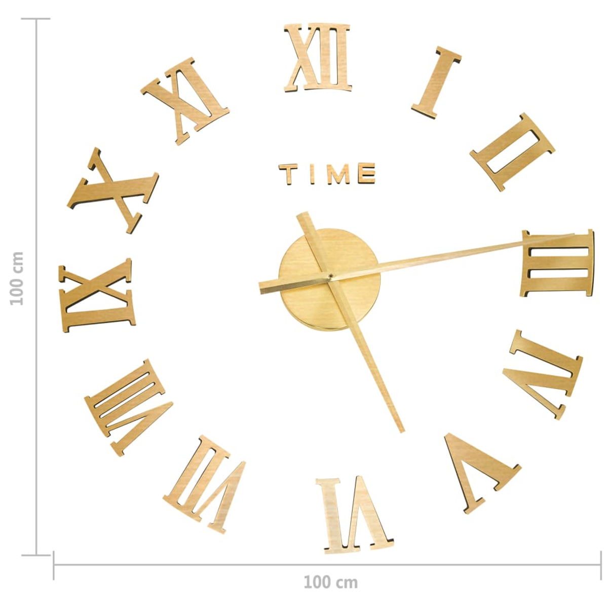 Eine goldfarbene Wanduhr mit römischen Ziffern. Die Zeiger zeigen auf etwa 2:45 Uhr. Das Wort 'TIME' steht über dem Zifferblatt.