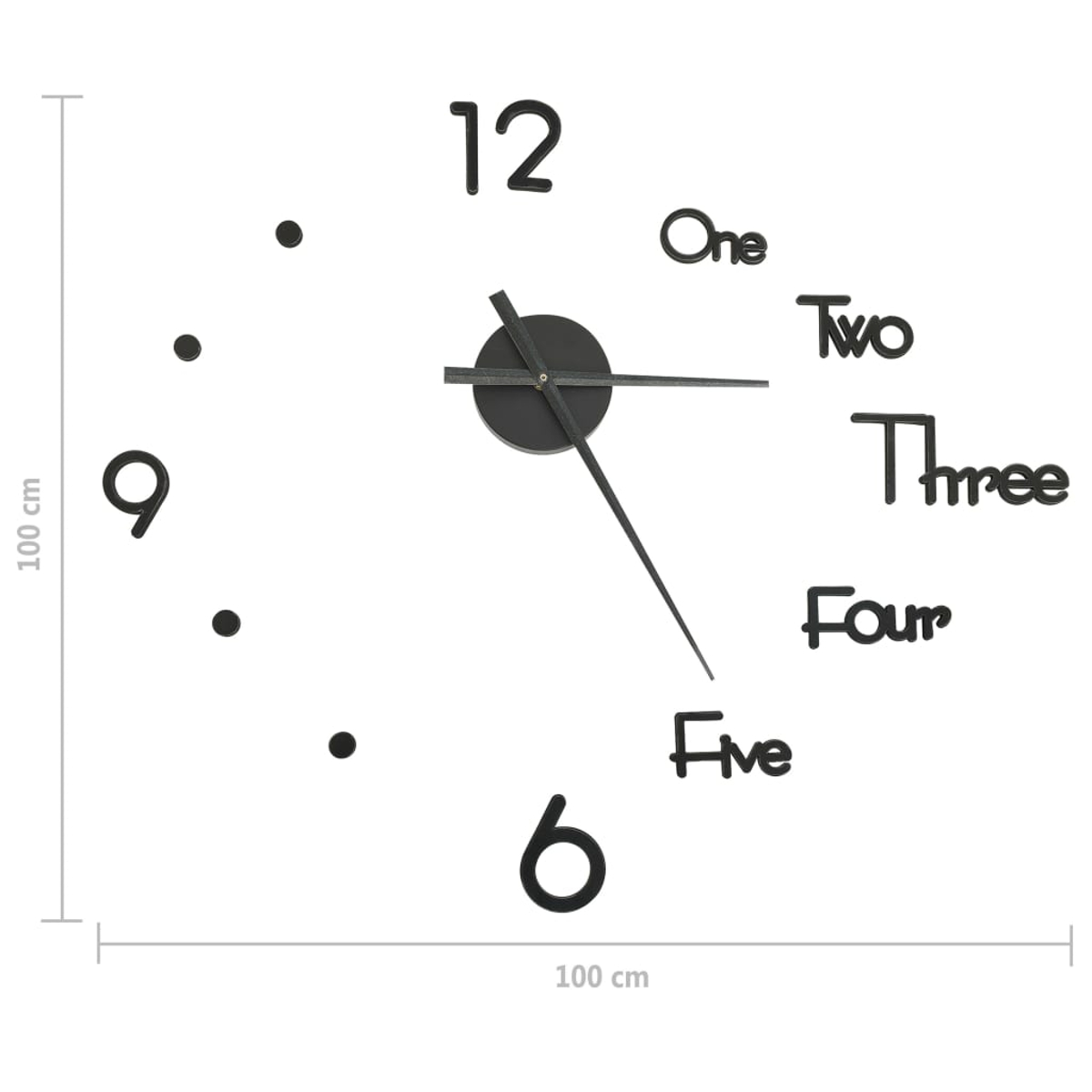 Eine schwarze Wanduhr mit den Zahlen 12, 9, 6 und Text für andere Zahlen. Die Zeiger der Uhr zeigen auf 5:30.