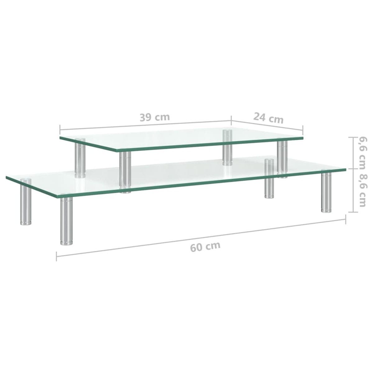 Ein Tisch mit zwei Ebenen aus Glas und Metall. Abmessungen sind angegeben: 60 cm lang, 39 cm breit, 24 cm breit und 8,6 cm hoch.