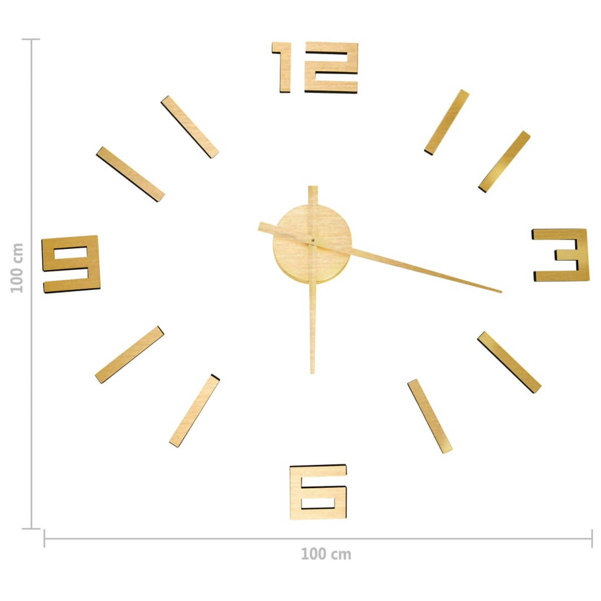 Hölzerne Wanduhr mit Zahlen und Balken. Die Zeiger zeigen auf etwa 4:10 Uhr. Die Uhr befindet sich auf weißem Hintergrund.