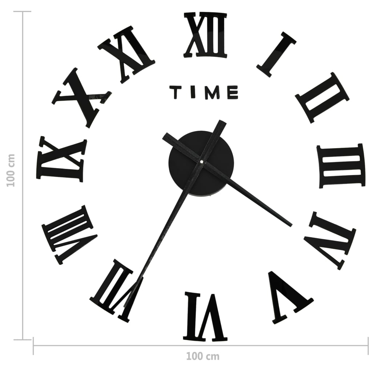 Eine große, schwarz-weiße Wanduhr mit römischen Ziffern. Die Zeiger sind schwarz, und das Wort ZEIT ist schwarz geschrieben.