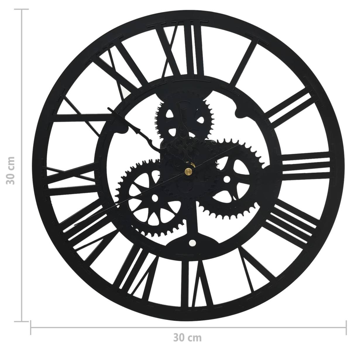 Un orologio da parete nero e rotondo con numeri romani e ingranaggi visibili al centro. L'orologio ha un diametro di 30 cm.