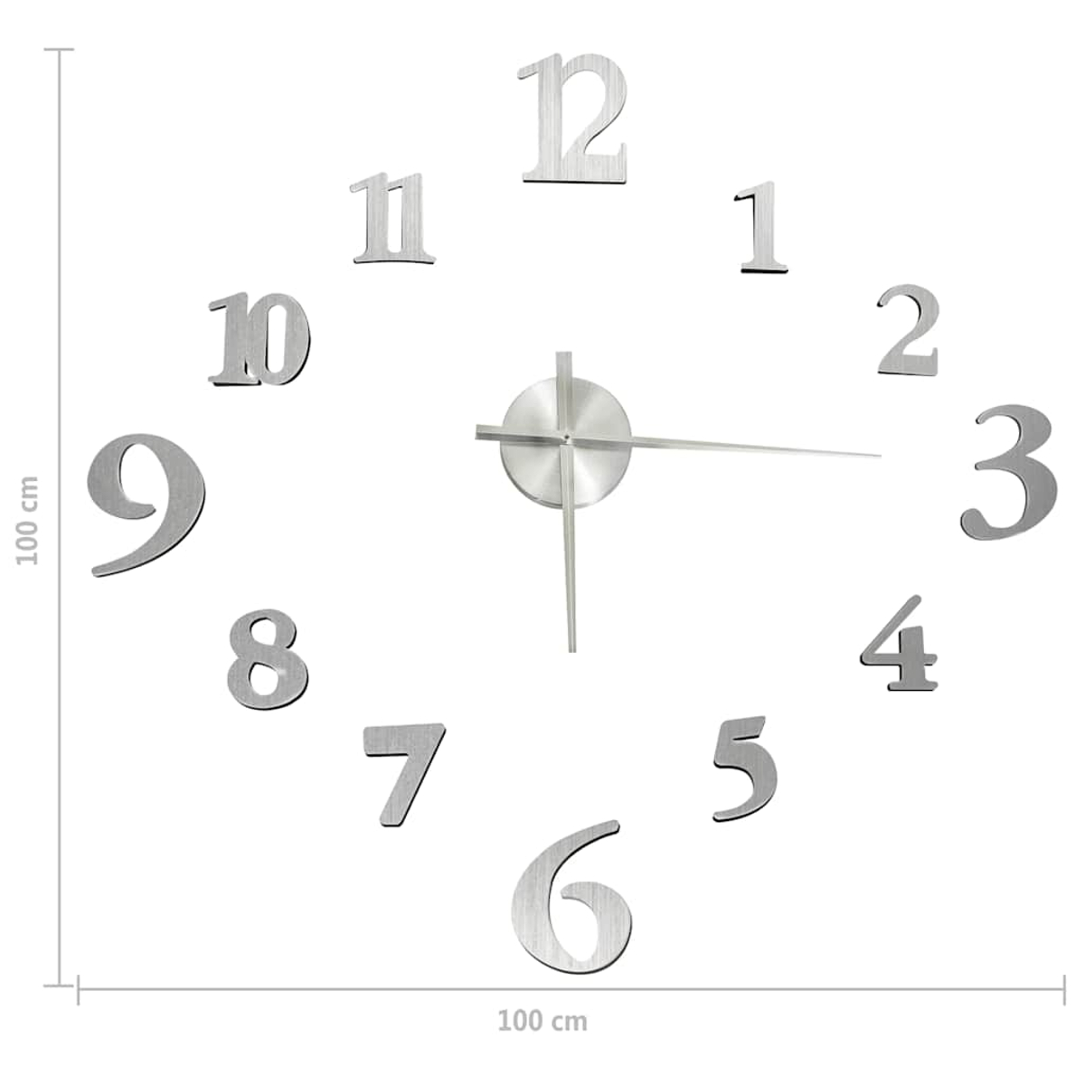 Eine moderne Wanduhr mit silbernen Ziffern und Zeigern vor weißem Hintergrund. Die Zahlen sind 1-12.