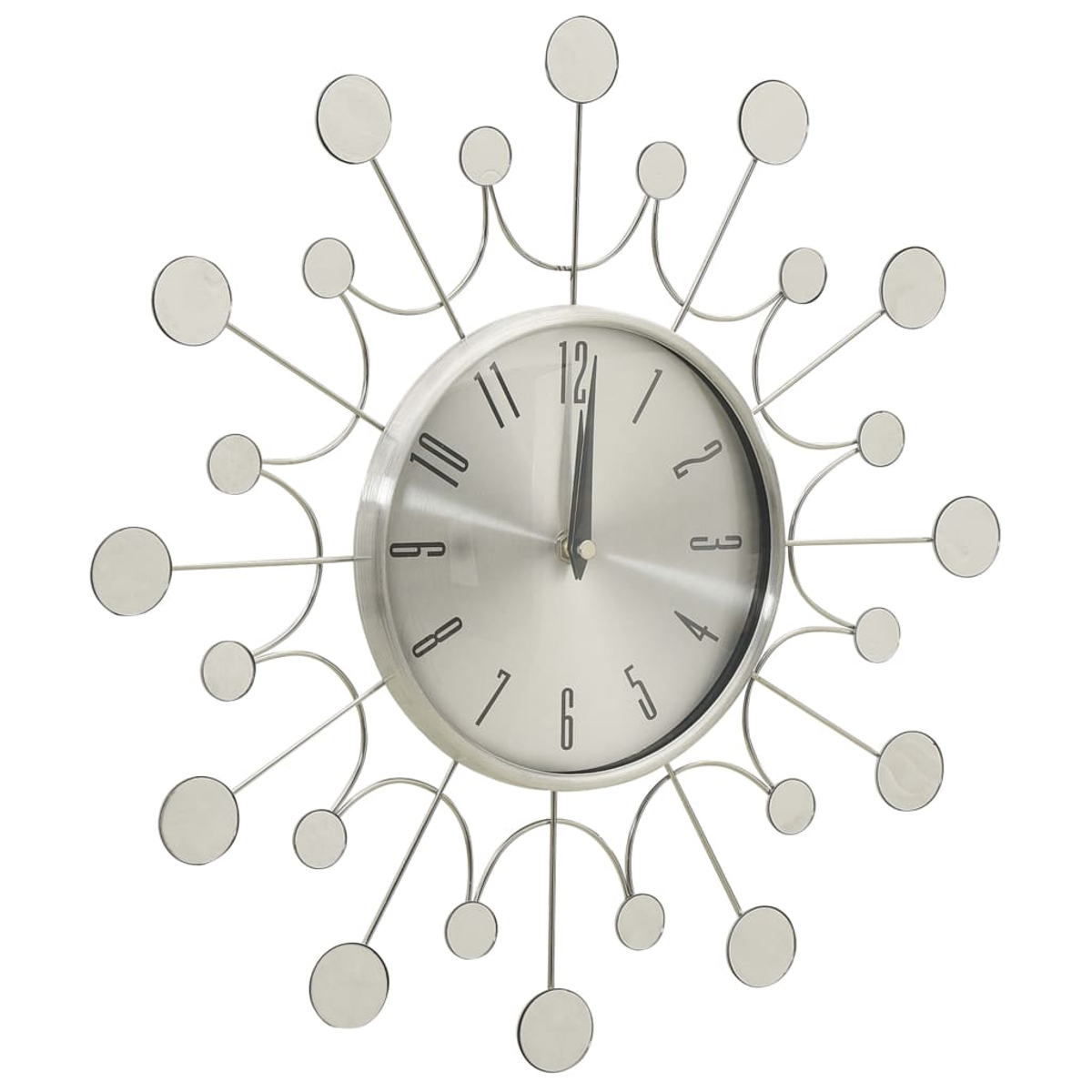 Silberne moderne Wanduhr mit radialem Design. Rundes Zifferblatt mit schwarzen Ziffern und Zeigern. Dekorative Metallarme mit Kreisenden.