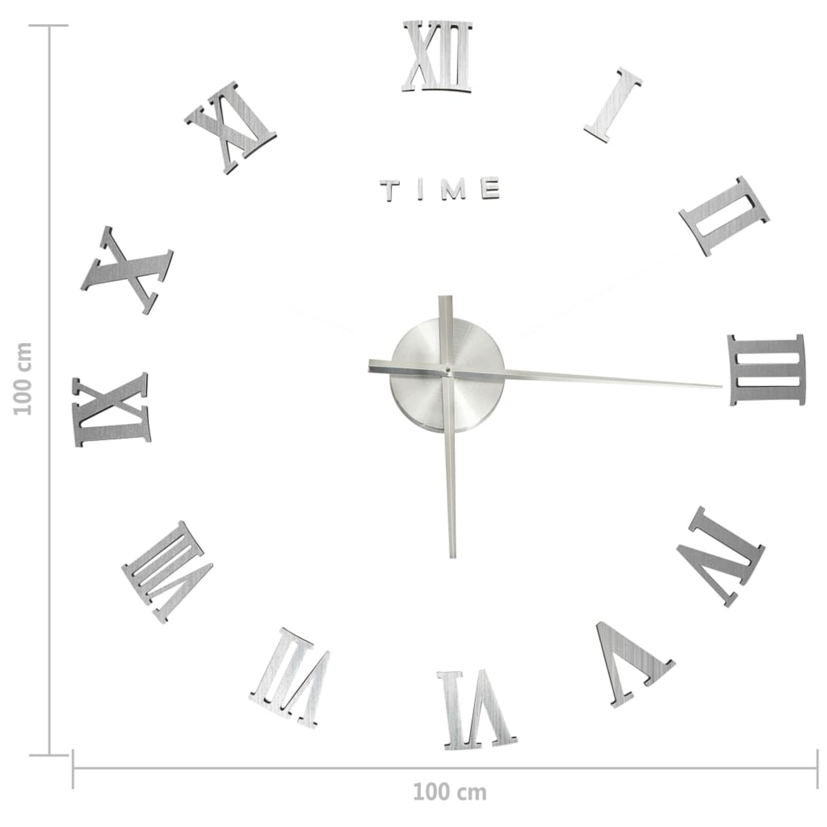 Eine moderne silberne Uhr auf weißem Hintergrund. Römische Ziffern markieren die Stunden, mit langen Zeigern. Das Wort 'TIME' steht über der Mitte.