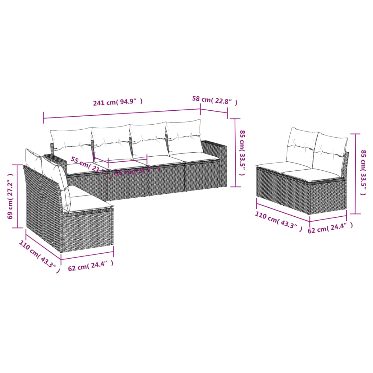 Un set di divani in stile rattan con dimensioni in cm e pollici, tra cui un divano componibile e un divano a due posti con cuscini.
