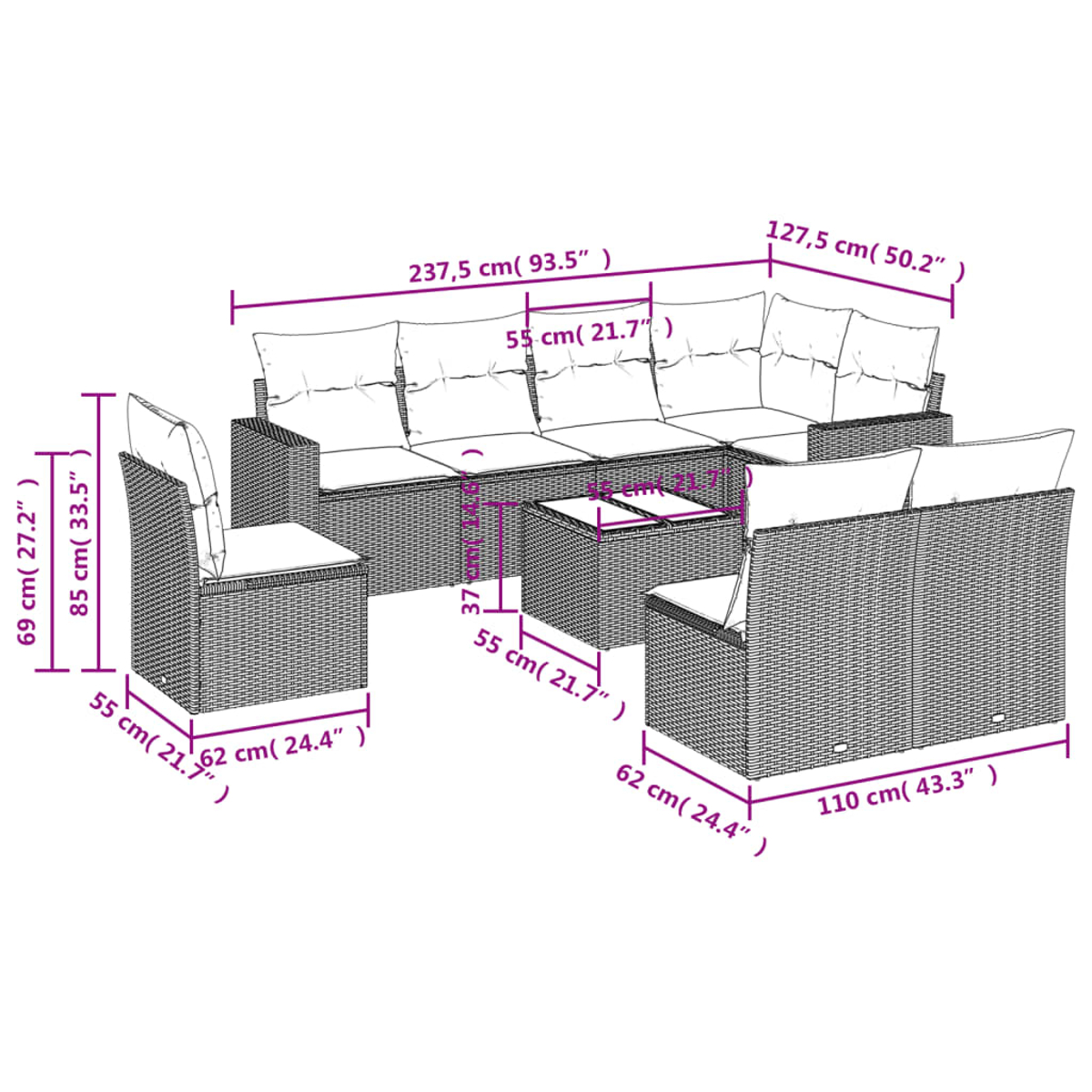 Un diagramma di un set di mobili da esterno in vimini con dimensioni in centimetri e pollici.