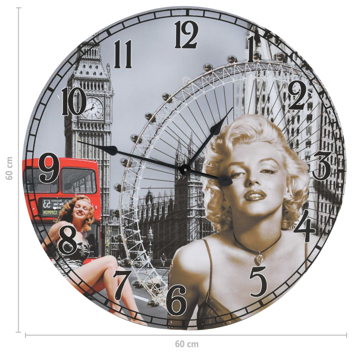 Orologio con Marilyn Monroe, monumenti di Londra. Big Ben, ruota panoramica e autobus rosso sullo sfondo.
