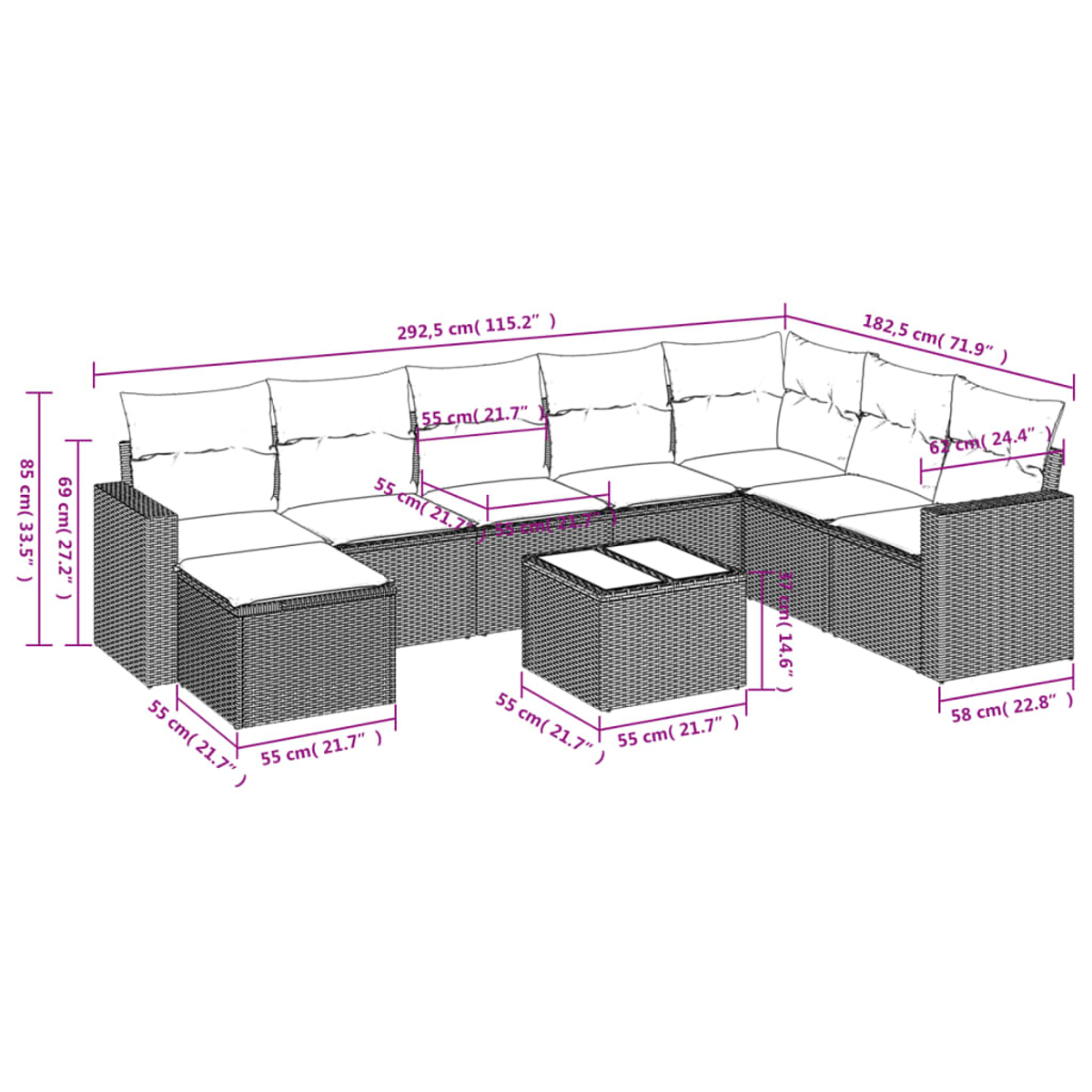 Un set di divani da esterno in vimini con cuscini bianchi, tra cui un divano angolare, un pouf e un tavolino quadrato. Dimensioni fornite.