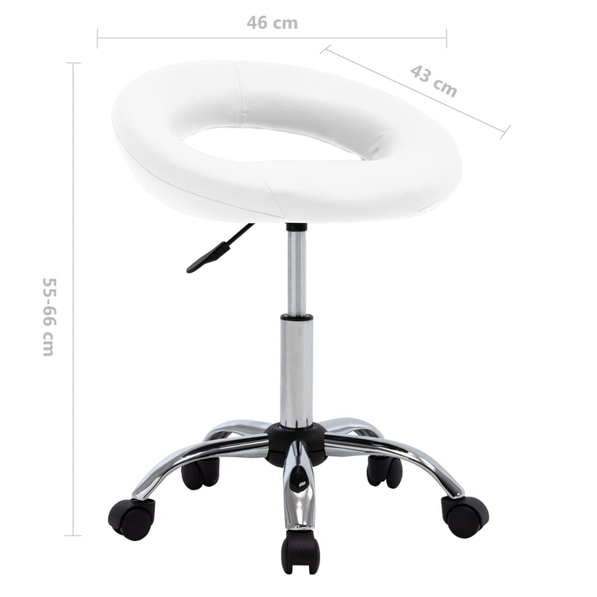 Ein weißer, runder, verstellbarer Hocker mit verchromtem Gestell und Rollen. Abmessungen sind angegeben: 46 cm, 43 cm und 55-66 cm.