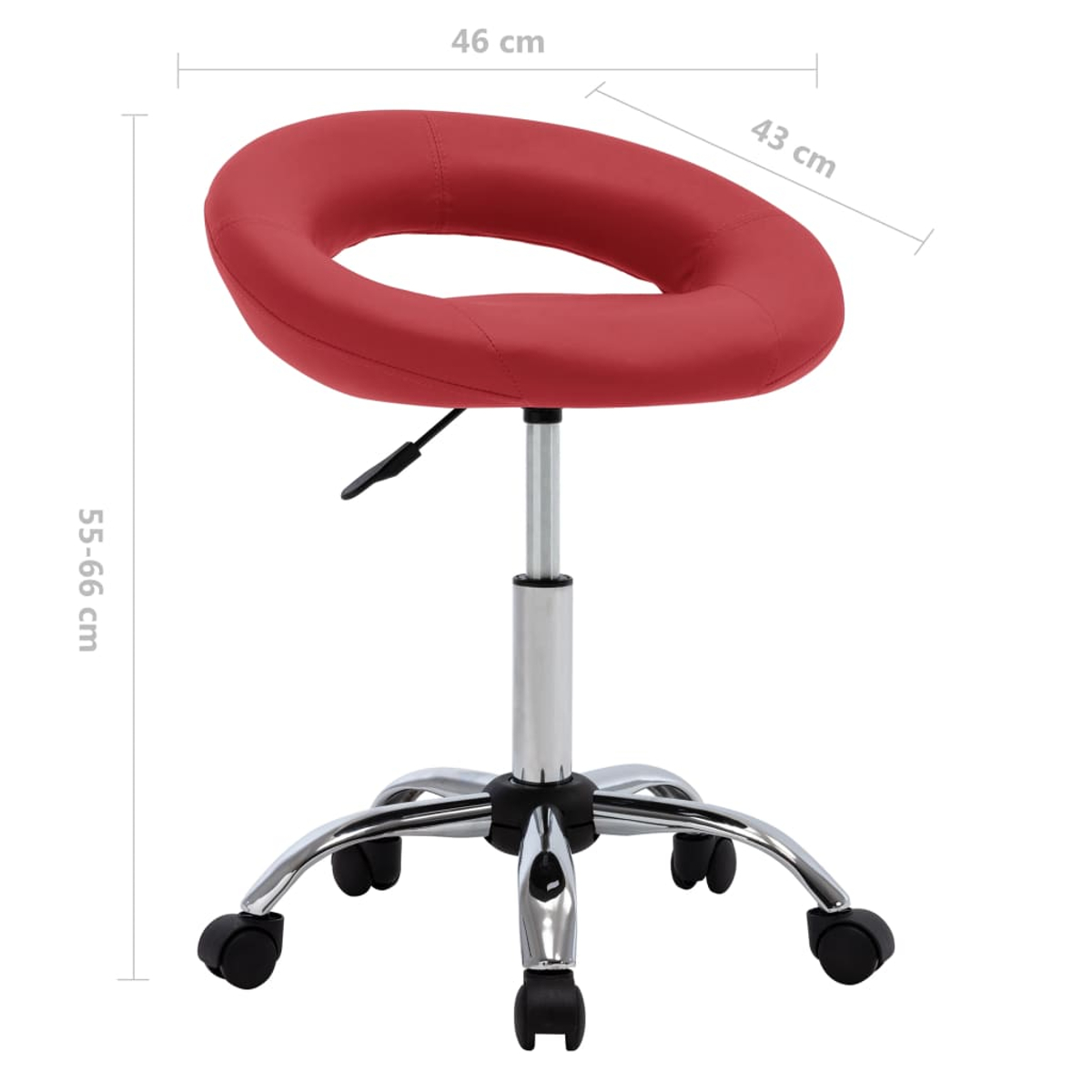 Ein roter, ringförmiger Bürostuhl mit Chromfuß und Rollen. Abmessungen sind angegeben: 46 cm, 43 cm und 55-66 cm.