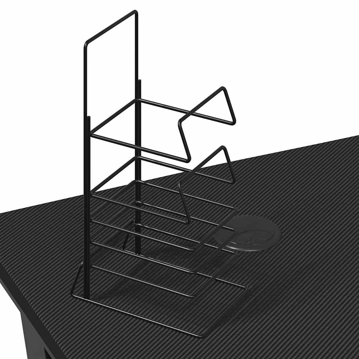 Ein schwarzer Metall-Headset-Ständer auf einem schwarz gemusterten Schreibtisch. Der Ständer hat eine vertikale Stütze und mehrere abgewinkelte Haltestangen.