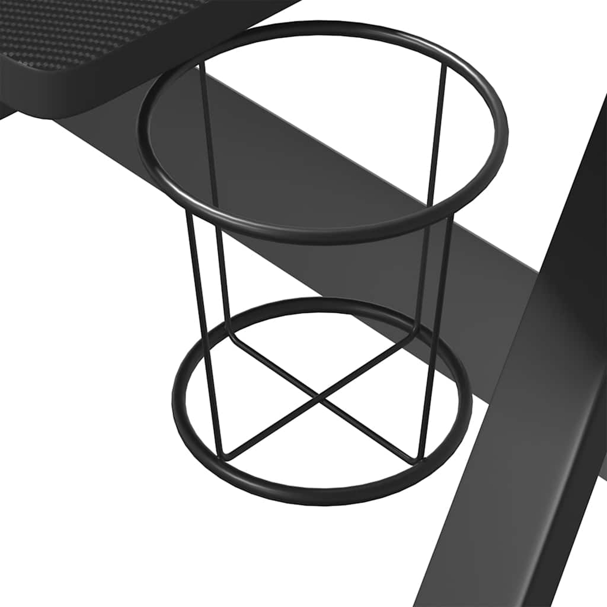 Nahaufnahme eines schwarzen Metallbecherhalters auf einer schwarzen Oberfläche. Der Halter hat runde Ringe und Stützstangen. Weißer Hintergrund.