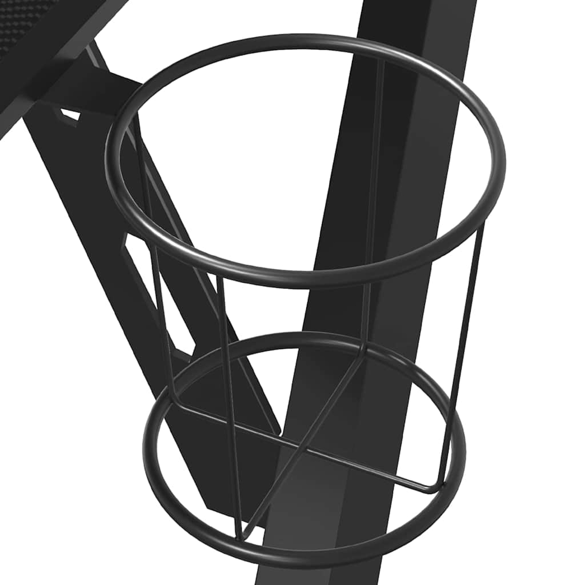 Nahaufnahme eines schwarzen Metallbecherhalters. Der Halter ist zylindrisch und aus dünnen Metallstäben gefertigt, mit einfachem Design.
