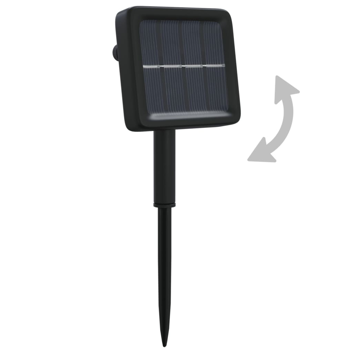 Schwarzes Solarpanel mit spitzem Pfahl zur Bodeneinführung. Ein gebogener Pfeil zeigt seine mögliche Einstellung. Weißer Hintergrund.