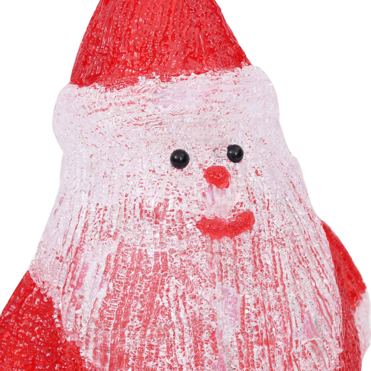 Nahaufnahme einer Weihnachtsmannfigur. Sie hat einen roten Hut und Mantel, mit weißem Bart und Gesicht. Das Gesicht hat schwarze Augen und eine rote Nase und Mund.