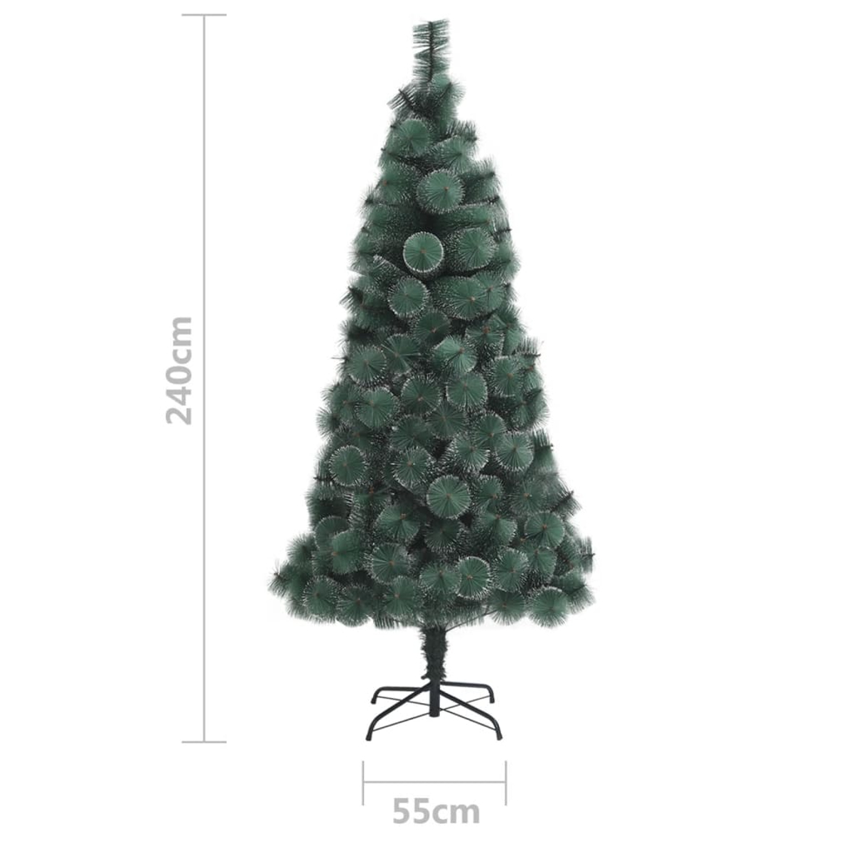 Ein grüner Weihnachtsbaum auf weißem Hintergrund. Er ist 240 cm hoch und 55 cm breit. Der Baum hat einen schwarzen Metallständer.
