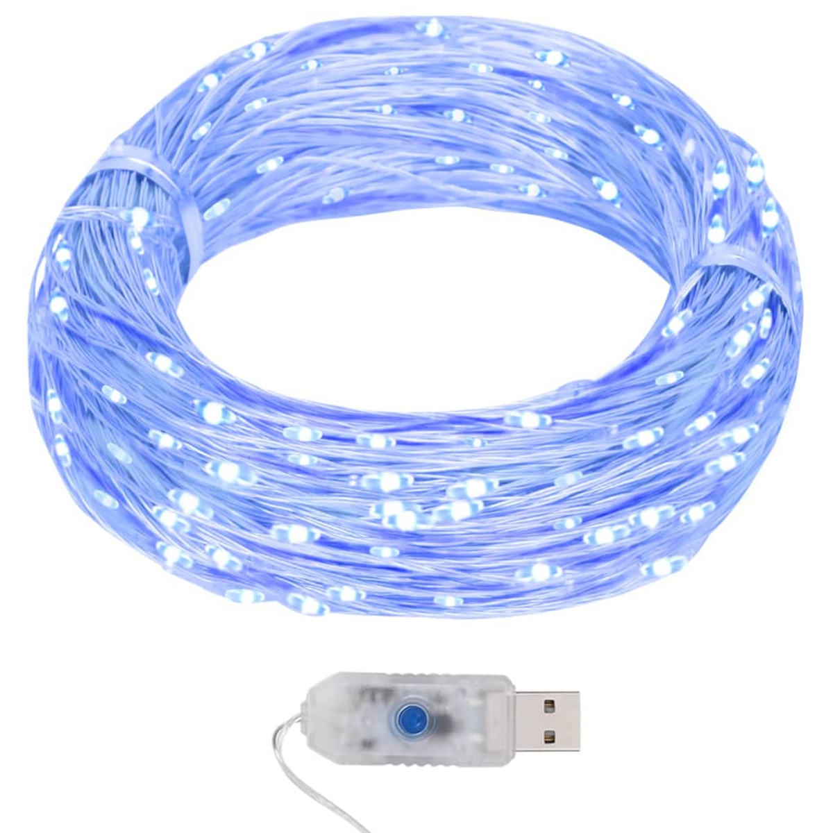 Eine aufgerollte Lichterkette mit blauen LEDs, einem USB-Anschluss und einem Steuermodul. Die Lichter sind weiß und gleichmäßig verteilt.