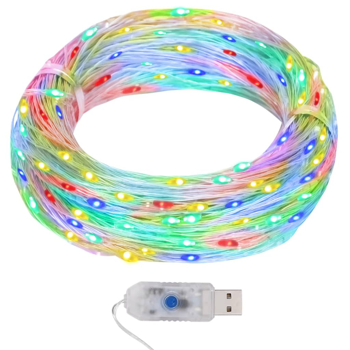 Eine Spule mit bunten LED-Lichterketten, einem USB-Anschluss und einer Steuereinheit. Die Lichter sind verschiedenfarbig.