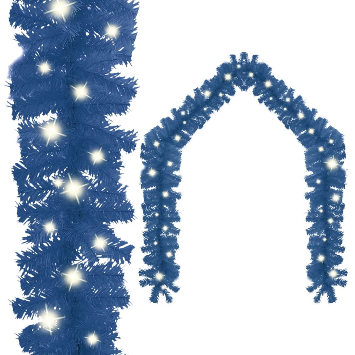 Blaues Girlande mit Lichtern, die einen Bogen und eine vertikale Linie bilden, auf weißem Hintergrund. Lichter sind hell.