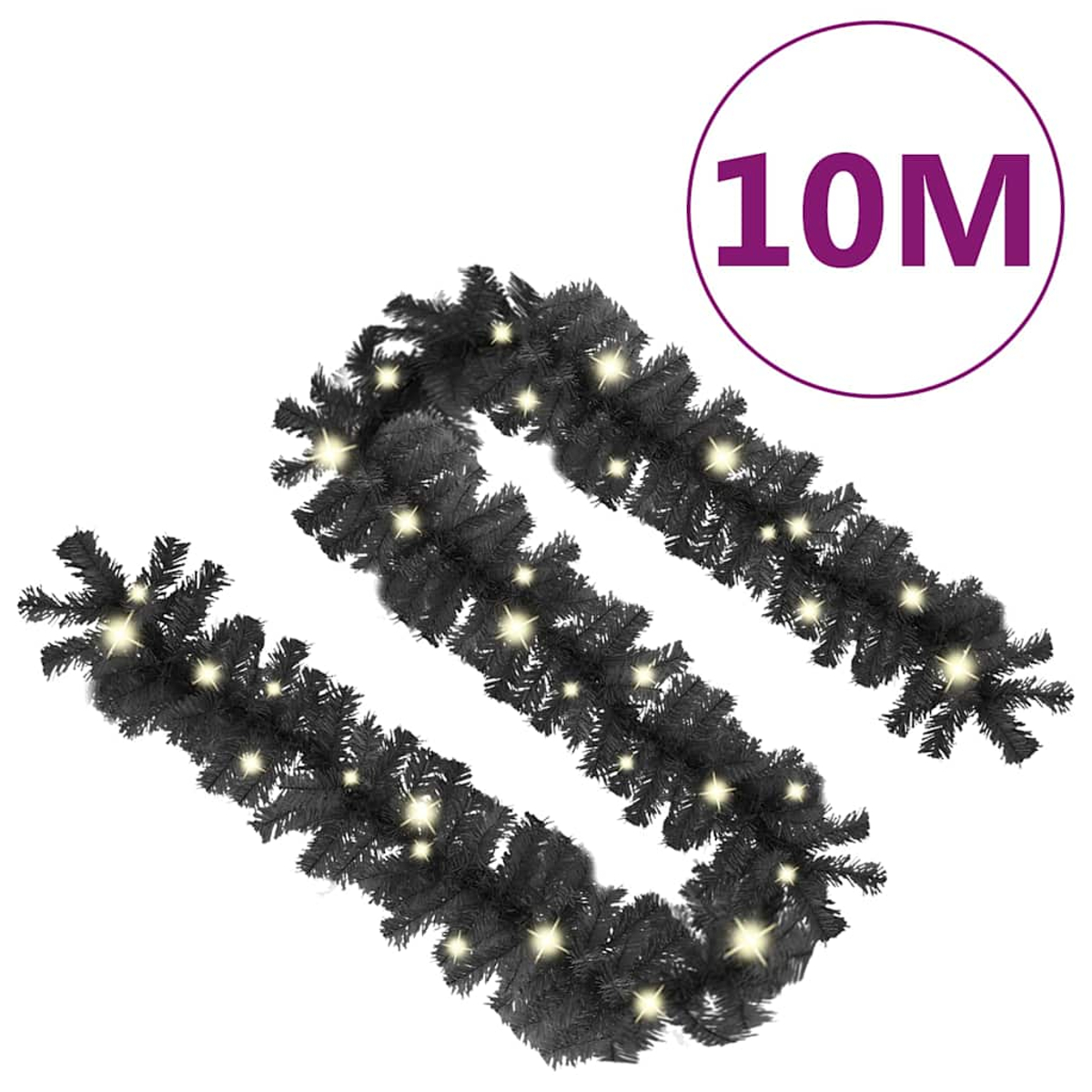 Eine schwarze Girlande mit Lichtern. Ein violetter Kreis mit '10M' befindet sich in der oberen rechten Ecke. Die Girlande ist auf weißem Hintergrund.
