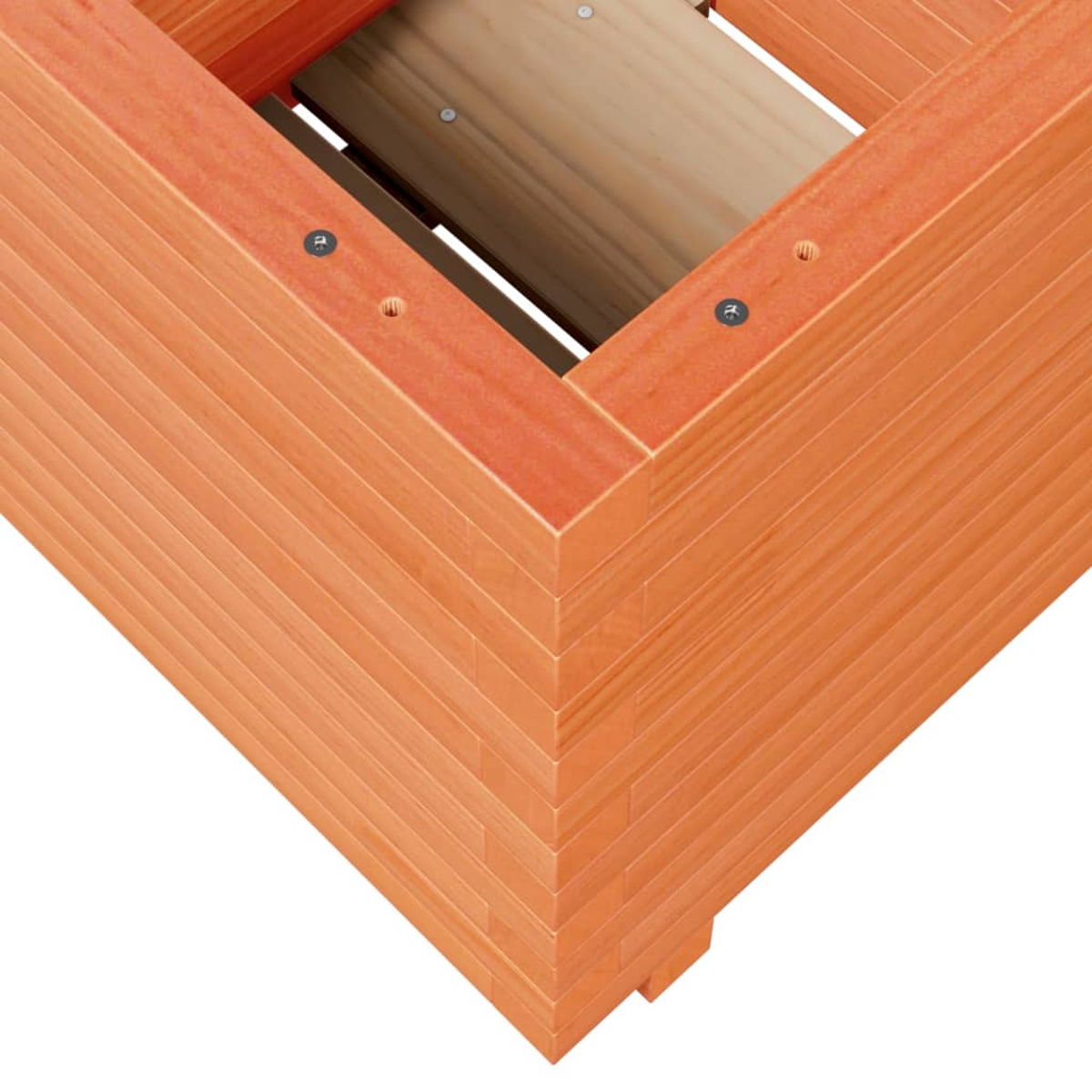 Nahaufnahme einer Holzkonstruktion. Die Struktur besteht aus orangebraunen Holzplanken. Schrauben sind sichtbar. Der Hintergrund ist weiß.