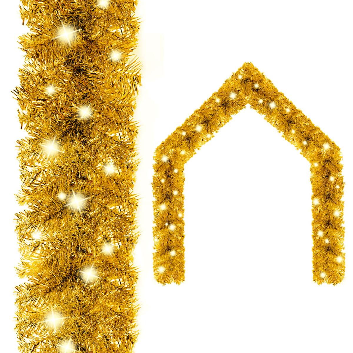 Goldener Lamettagranz und ein hausförmiges Gebilde aus goldenem Lametta mit funkelnden Lichtern auf weißem Hintergrund.