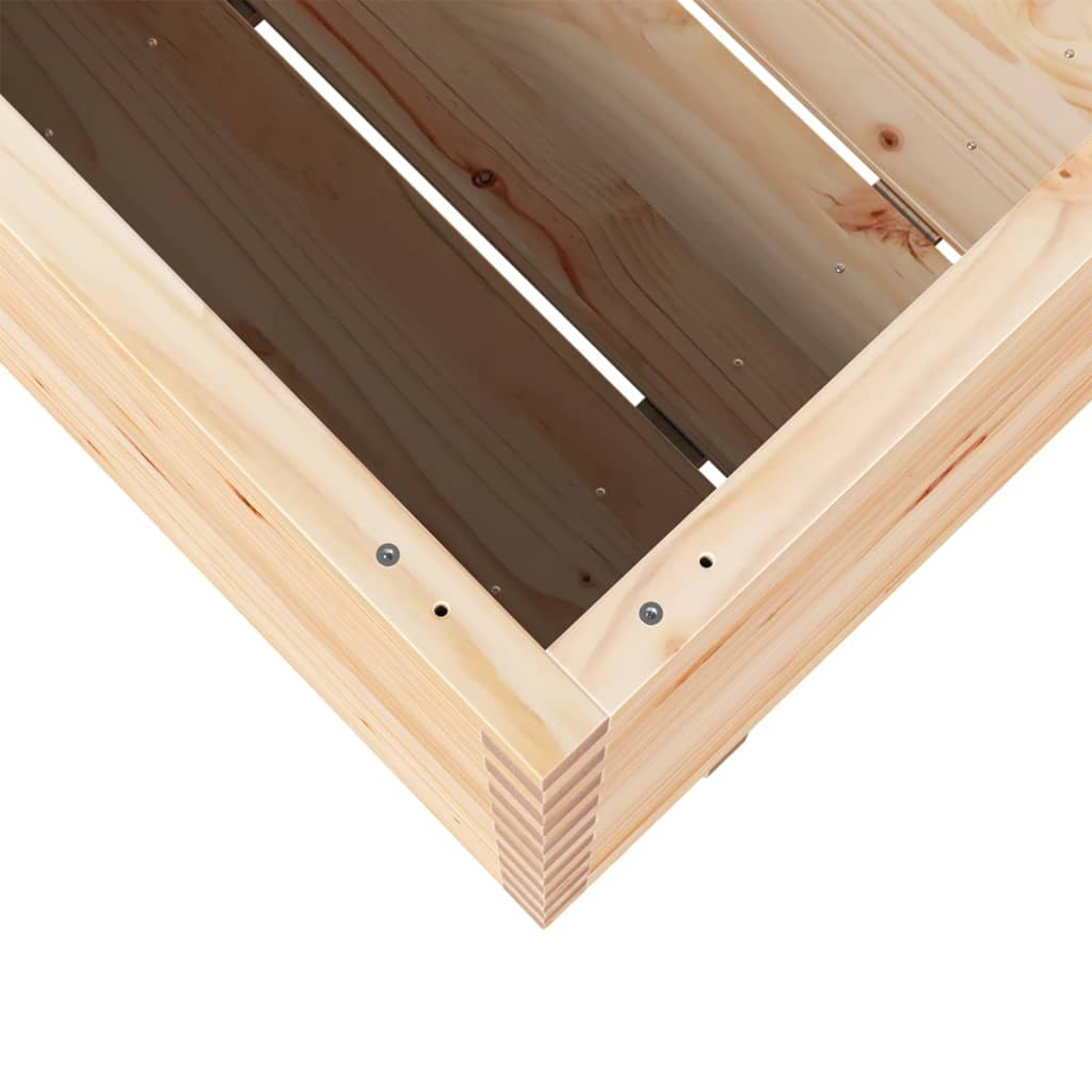 Nahaufnahme eines rechteckigen Holzrahmens mit sichtbaren Schrauben und Verbindungen, die das Innere einer Holzkiste zeigen.