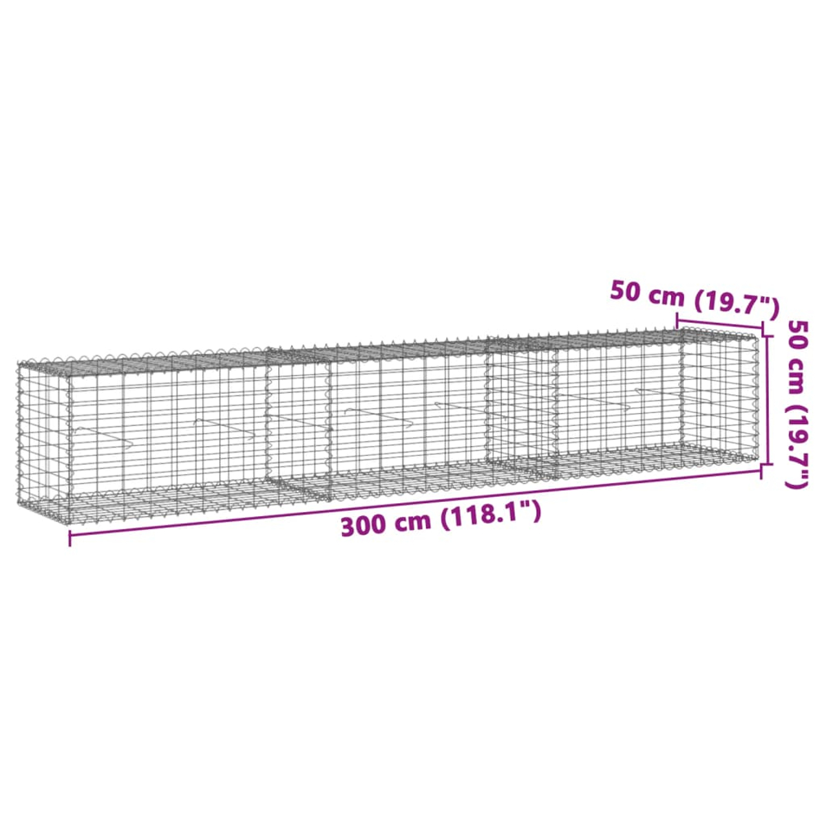 Ein rechteckiger Metallgabion. Es ist 300 cm lang, 50 cm breit und 50 cm hoch. Abmessungen sind beschriftet.