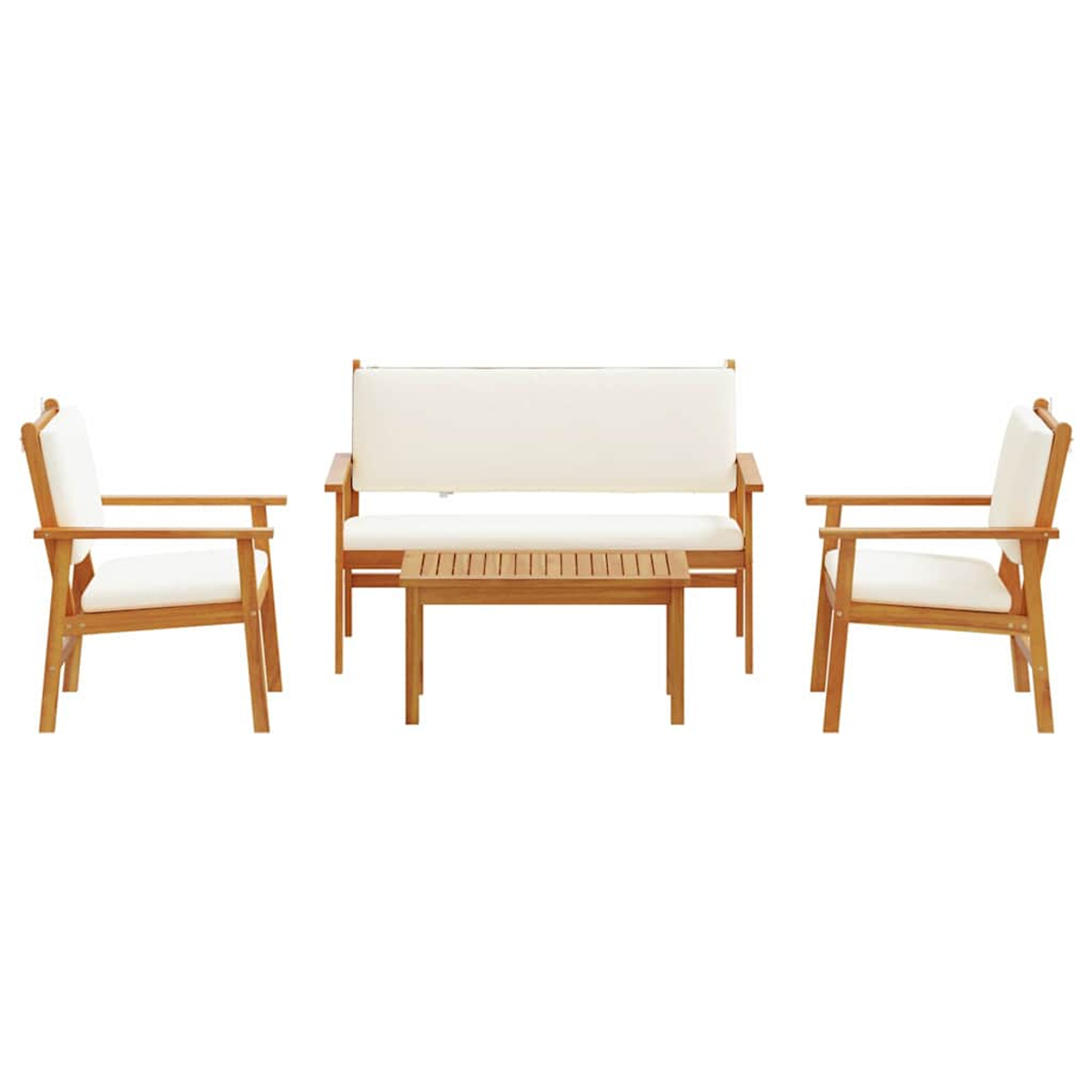 Gartenmöbel-Set aus Holz auf weißem Hintergrund. Es umfasst eine Bank, zwei Sessel und einen kleinen Tisch.