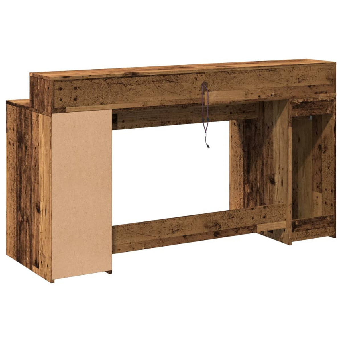 Ein hölzerner Schreibtisch mit einem großen offenen Raum. Der Schreibtisch ist braun und hat eine Tür auf der rechten Seite. Ein Draht hängt herunter.
