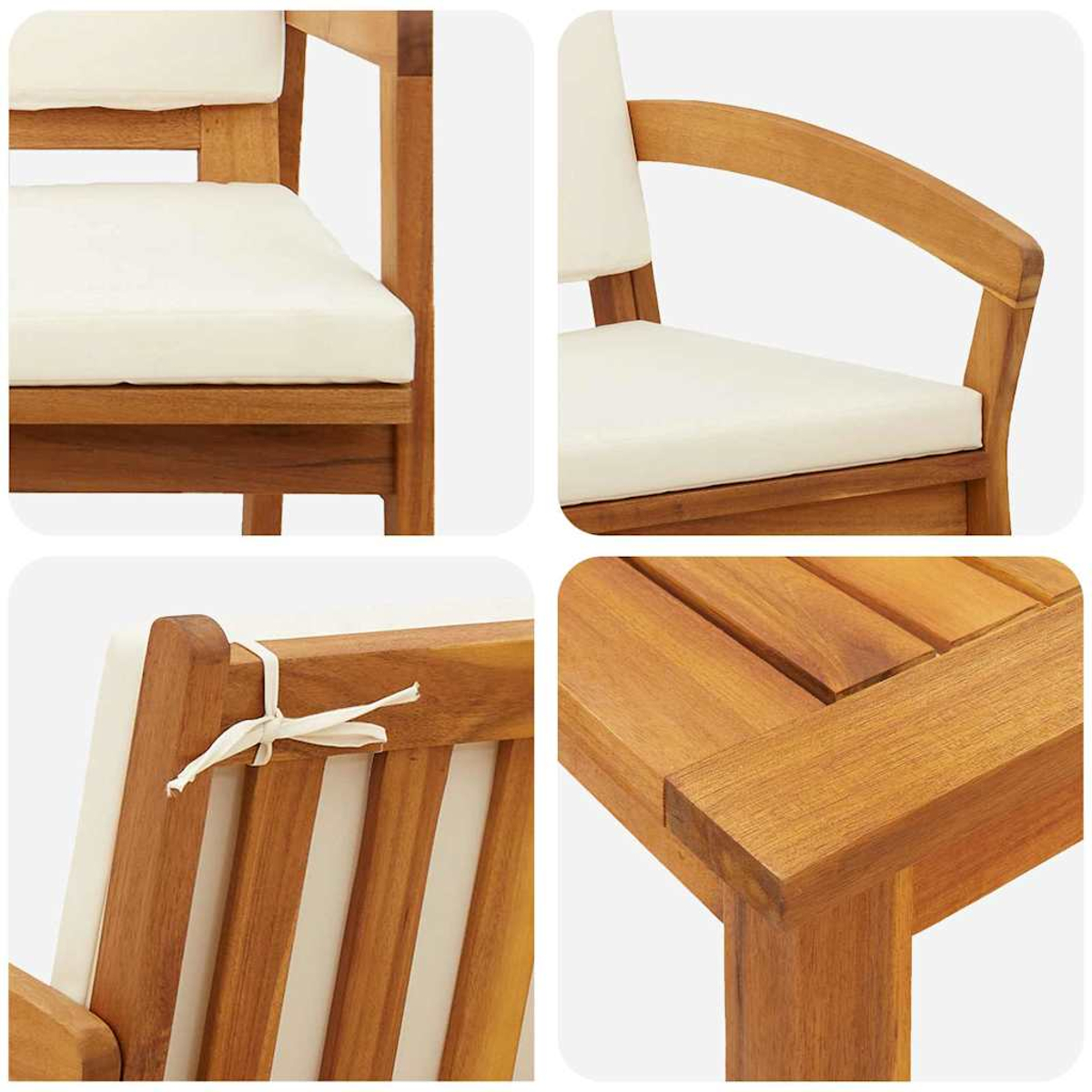 Nahaufnahme von Holzstuhlteilen. Abschnitte zeigen cremefarbene Kissen, Holzrahmen, Armlehnen und Knotendetails. Das Holz hat eine natürliche Maserung.