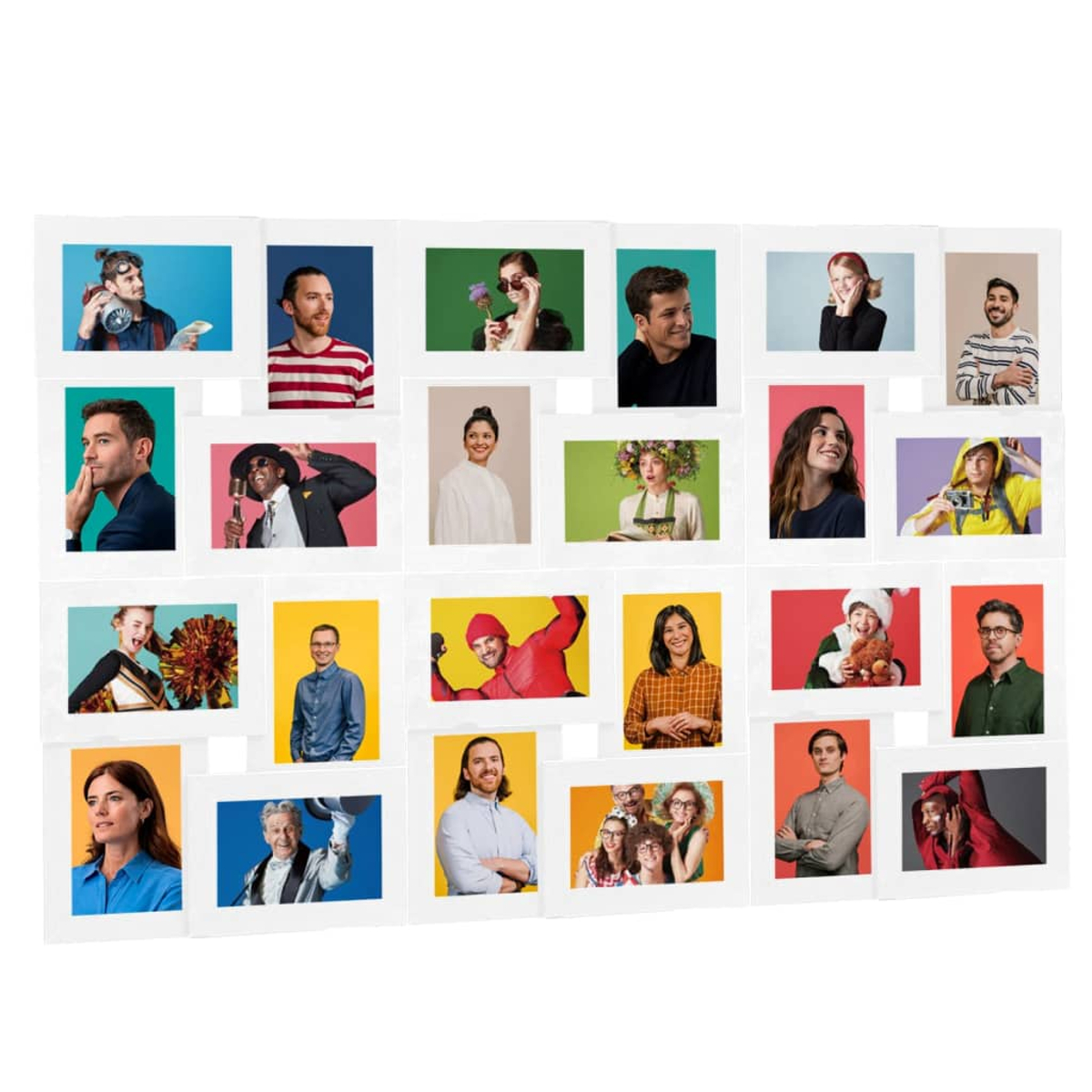 Collage von Menschen in Fotorahmen. Jeder posiert. Hintergründe in verschiedenen Farben. Vielfalt an Alter und Stilen.