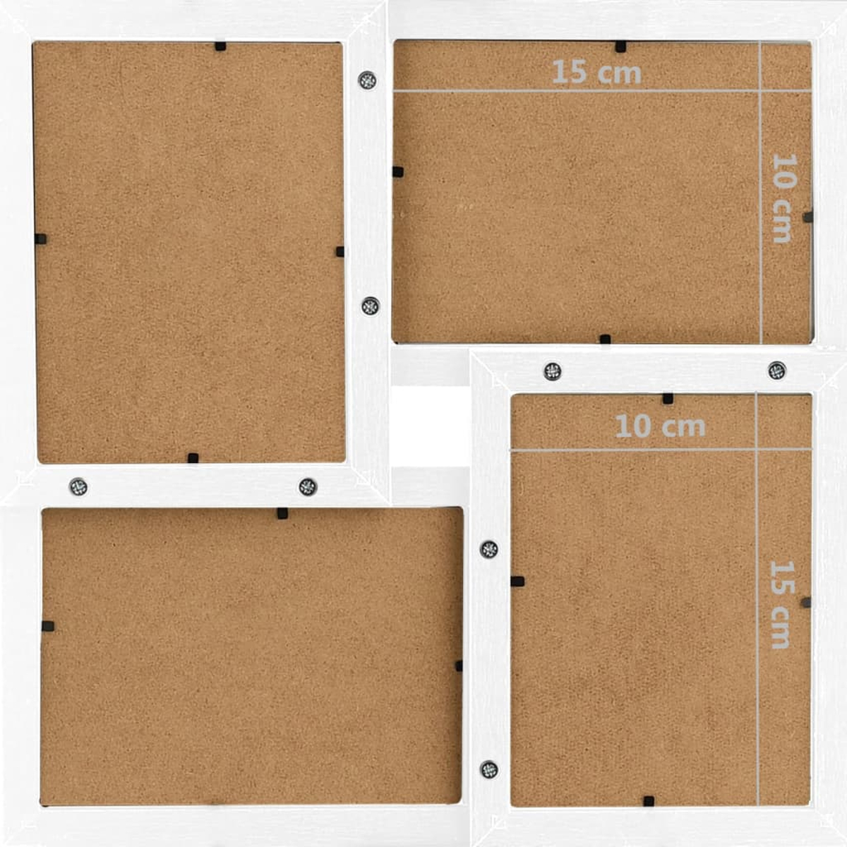 Ein weißer, vierfach unterteilter Fotorahmen. Jedes Feld hat einen braunen Hintergrund. Maße sind 15x10 cm und 10x15 cm. Schrauben sichern die Felder.