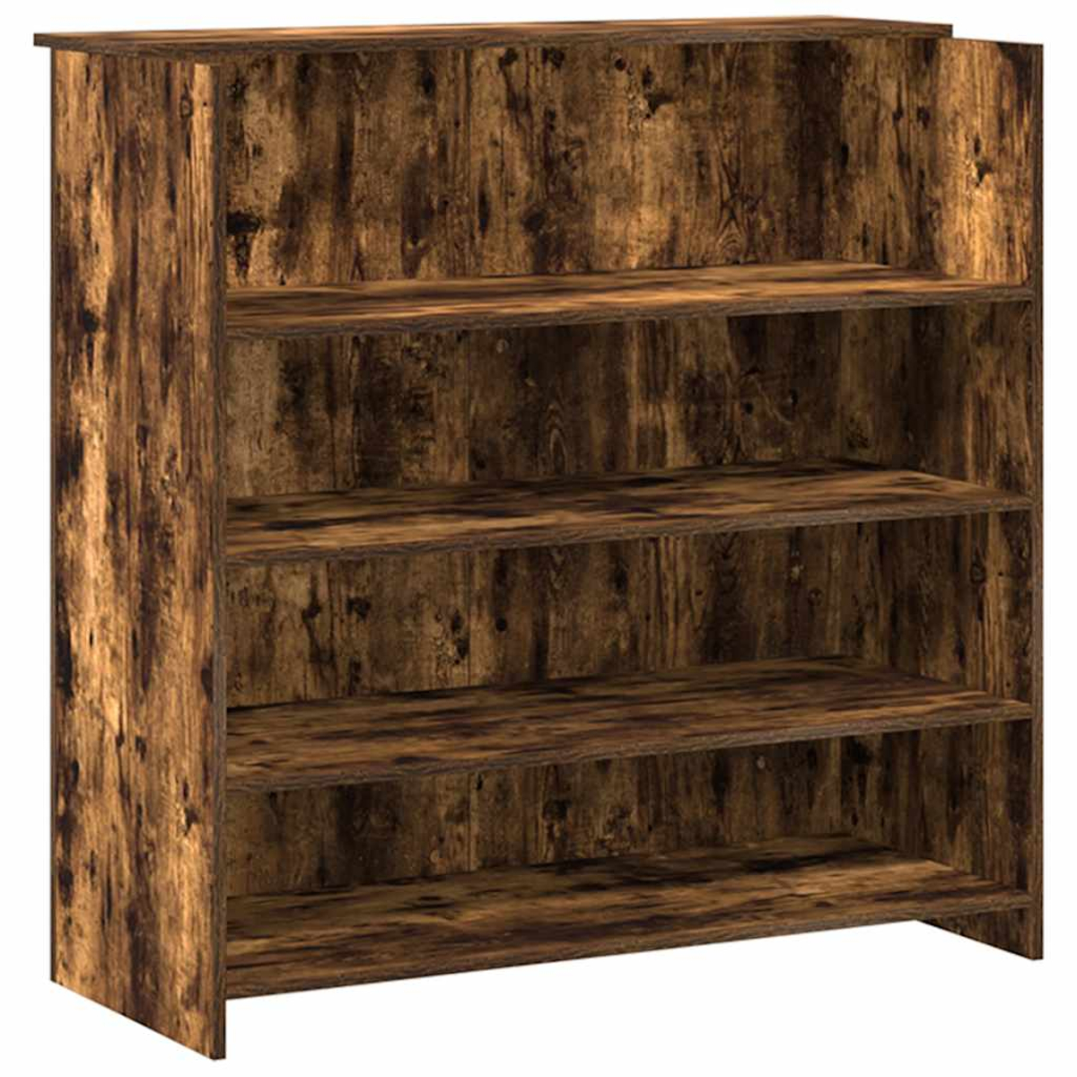 Ein Bücherregal aus Holz mit vier Regalen. Das Holz hat eine strukturierte, rustikale Optik mit verschiedenen Brauntönen.