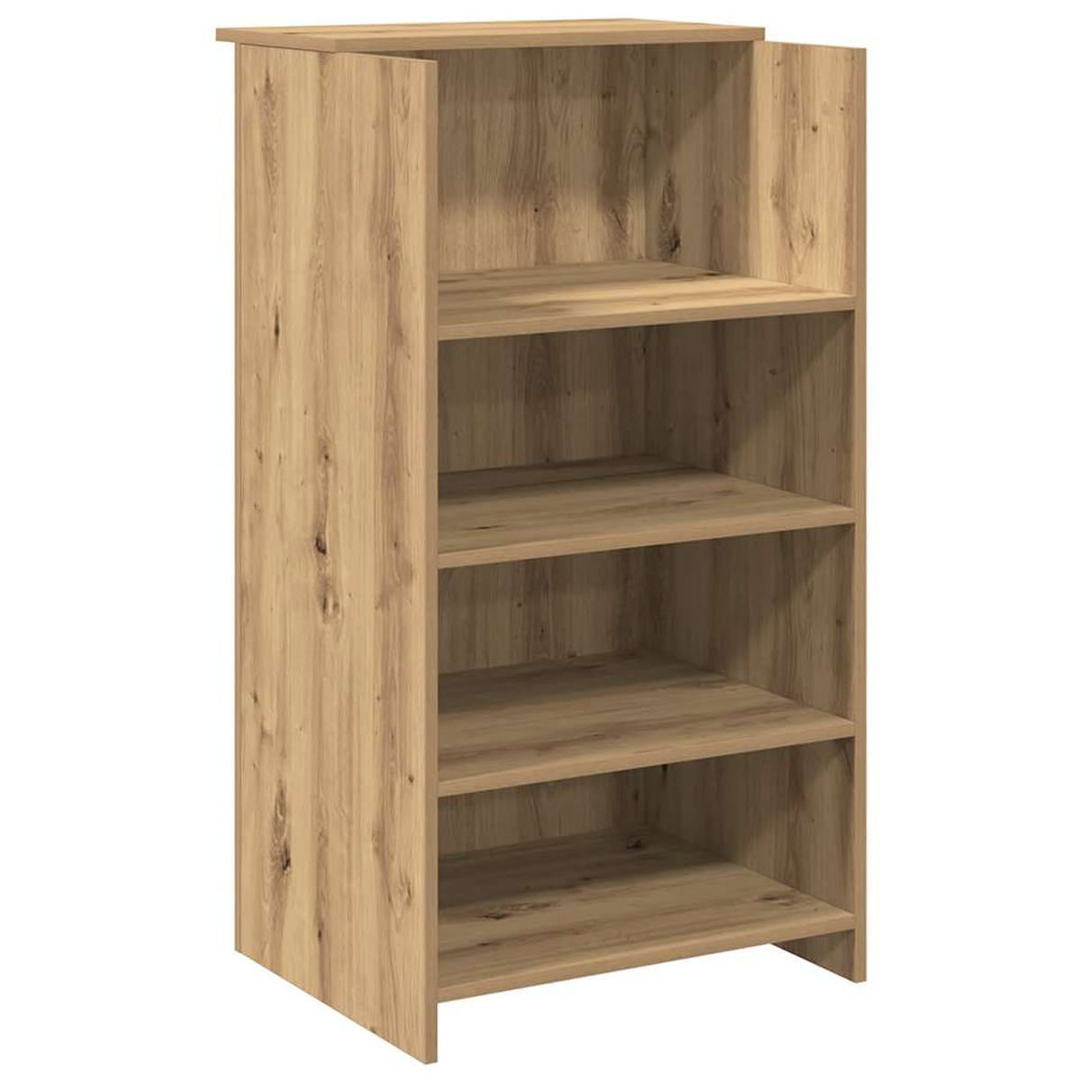 Ein hellbrauner Bücherregal aus Holz mit vier Regalen. Die Holzmaserung ist sichtbar. Der Hintergrund ist weiß.