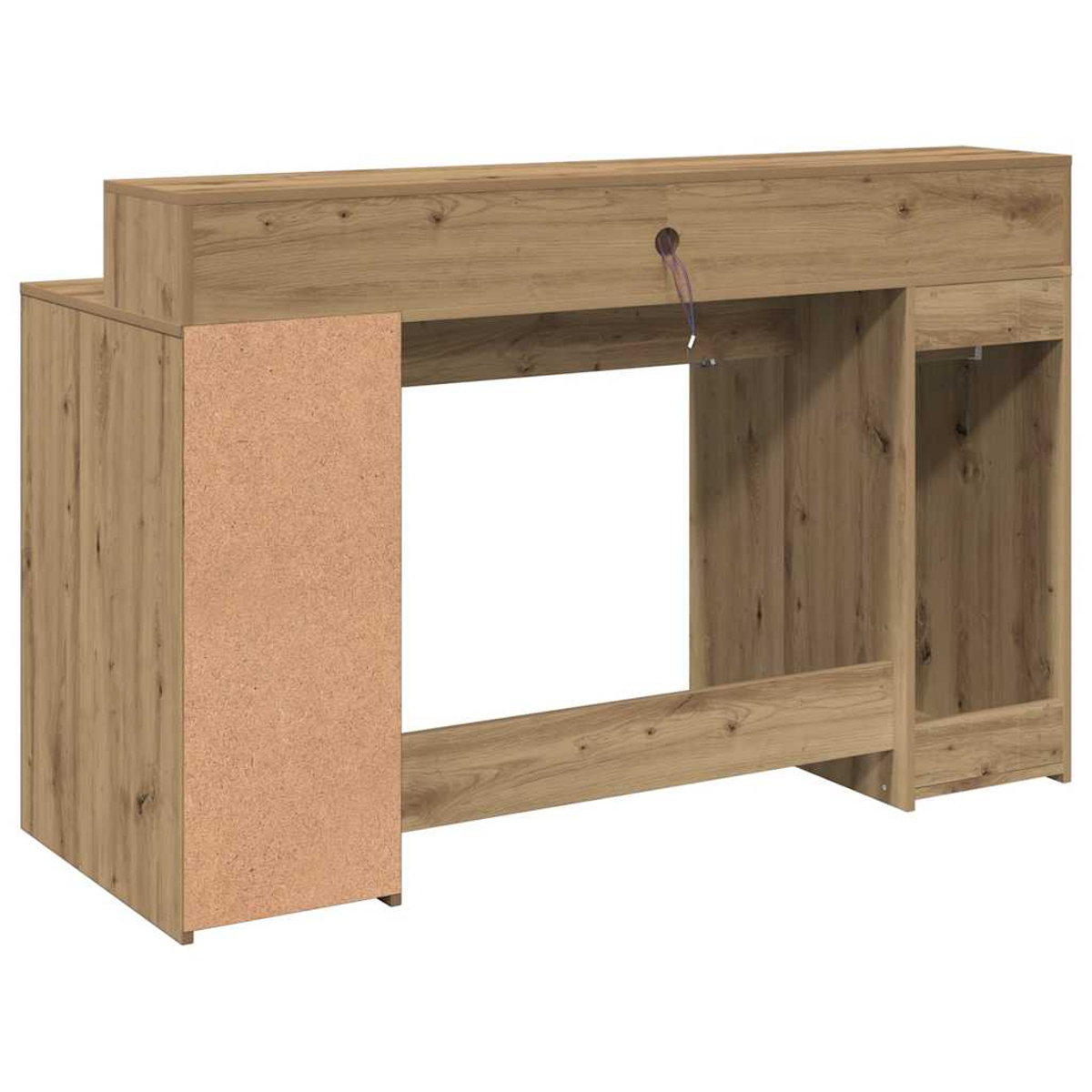 Ein Holzschreibtisch mit hellbraunem Finish. Er hat einen großen offenen Raum und eine kleine Schublade. Einige Drähte sind sichtbar.