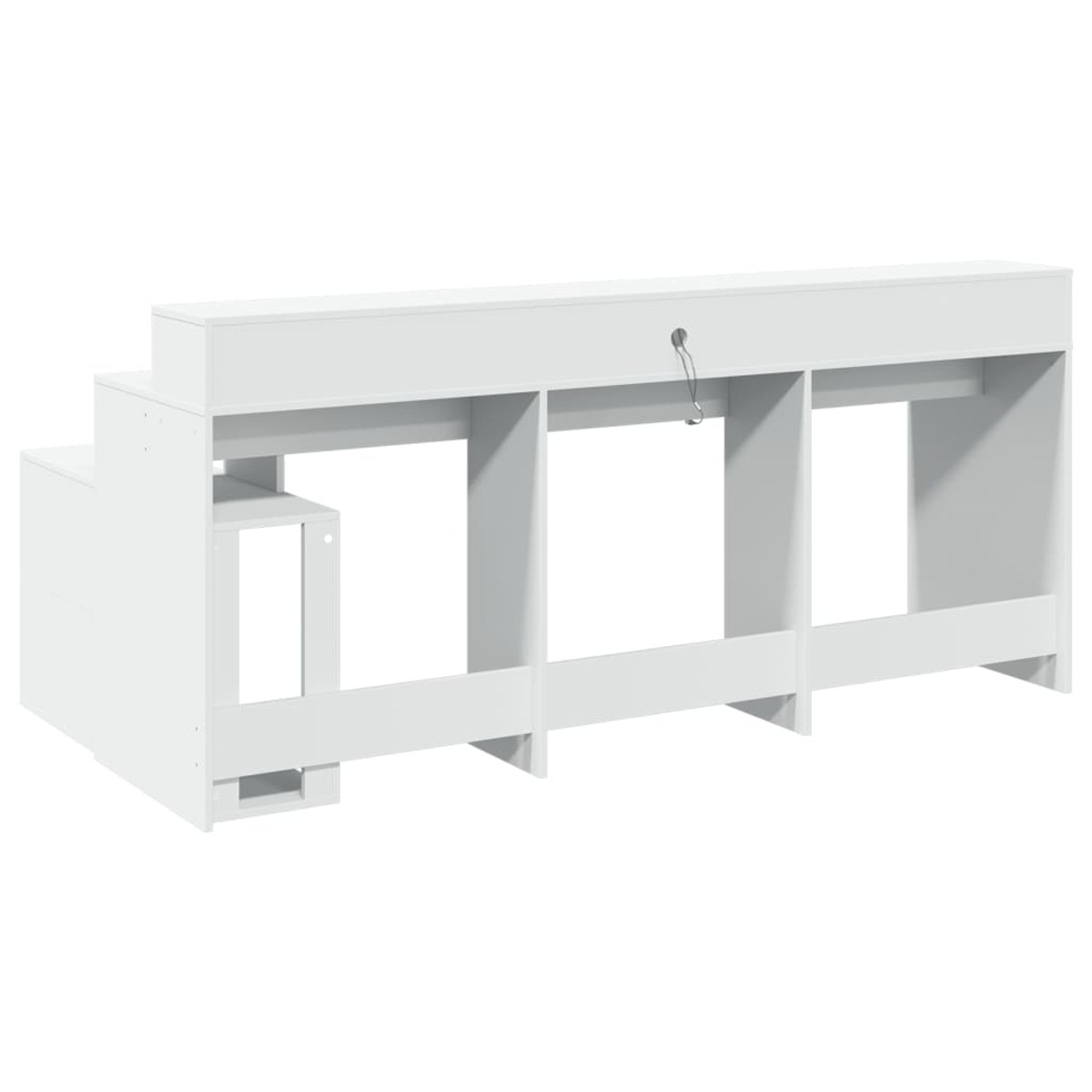 Ein weißer, moderner Empfangstresen mit offenen Fächern und einem Schlüsselloch. Er hat ein abgestuftes Design auf der linken Seite.