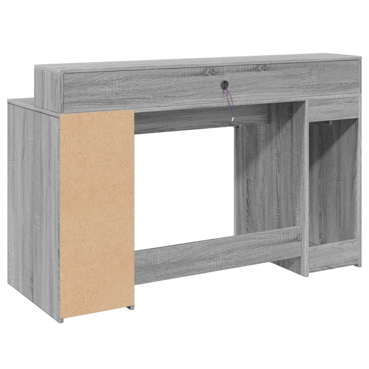Ein grauer Holzschreibtisch mit Schublade und Schlüsselloch. Der Schreibtisch hat eine hellbraune Seite und eine rechteckige Öffnung für einen Stuhl.