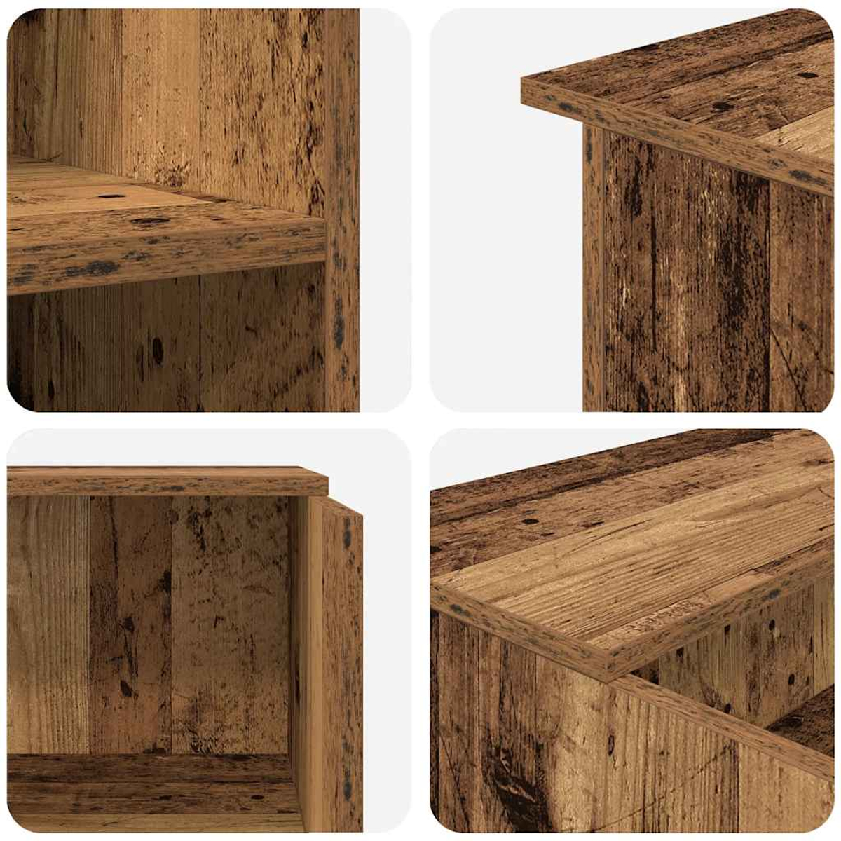 Nahaufnahmen einer Holzkonstruktion. Die Bilder zeigen Details der Maserung, Kanten und ein Regal, alles in Brauntönen.